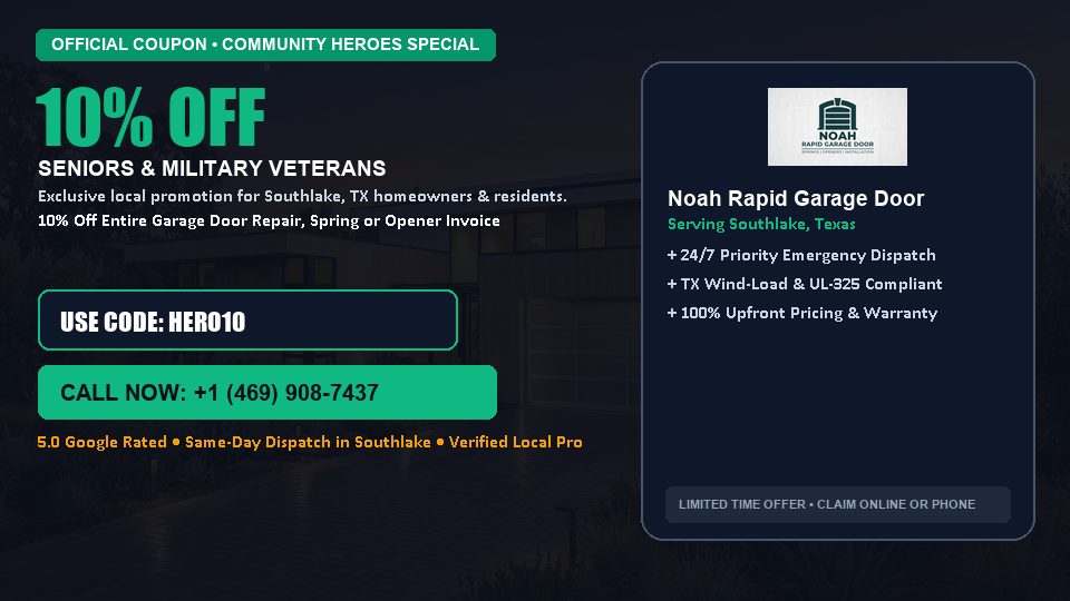 Noah Rapid Garage Door 10% OFF Seniors & Military Veterans in Southlake, TX